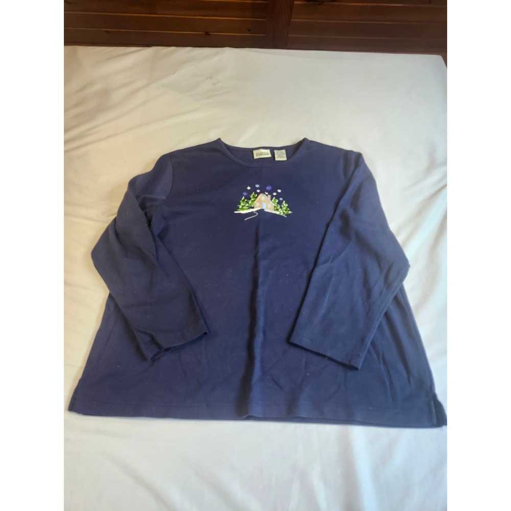 Classic Elements Navy Blue Winter Cabin Embroidered Long Sleeve Top Womens XL 18